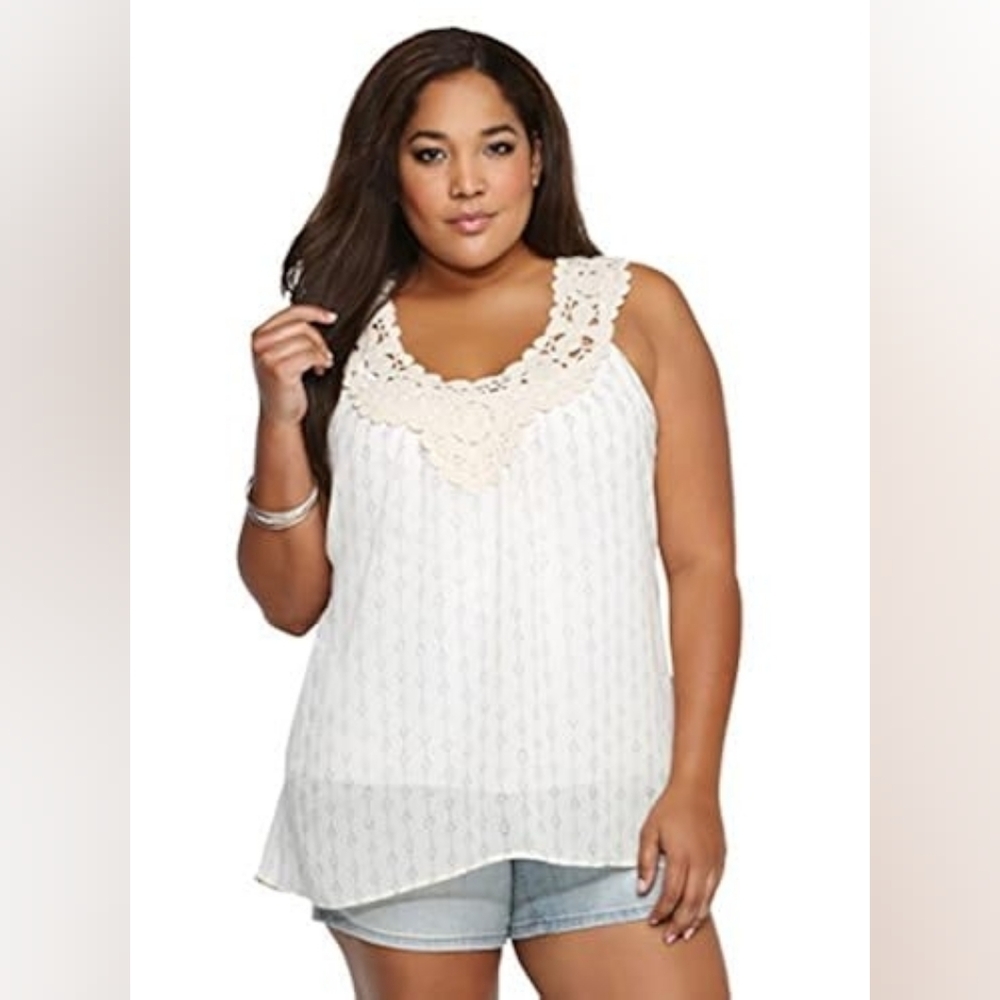 Torrid Crochet Yoke Print Chiffon Hi-Lo Tank Top Plus Size 2 2x